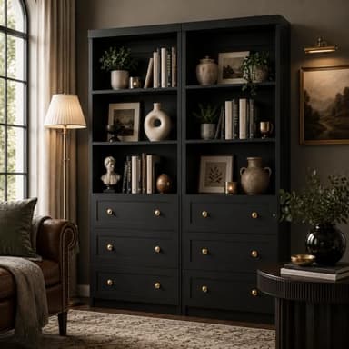 Cyclysio Bookshelf with Drawers, 80 in Tall Bookcase with Adjustable Shelf and 3-Tier Open Shelves, Tall Storage Cabinet for Home Office Living Room, Set of 2, Black