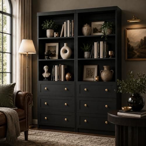 Cyclysio Bookshelf with Drawers, 80 in Tall Bookcase with Adjustable Shelf and 3-Tier Open Shelves, Tall Storage Cabinet for Home Office Living Room, Set of 2, Black