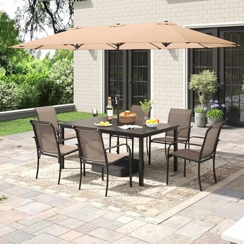 ARKOST 8 Pieces Outdoor Dining Set, Stackable Textilene Paito Chairs & 63" Rectangle Dining Table with Umbrella, Patio Dining Set for Backyard, Deck, Garden, Brown & Black