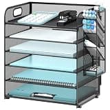 SUPEASY 6 Tier Desk Organizer with 4 Pen Holders, Mesh Paper Organizer Letter Tray with Handle, Desk Organizer Tray File Organizer for A4 File Folder, Black