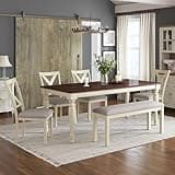 AMERLIFE 6-Piece Farmhouse Dining Table Set for 6-7, 71" Solid Wood Kitchen Table and Chairs, 1 Dining Table, 4 Upholstered Chairs and 1 Bench, Rustic Dining Room Set, Rustic White