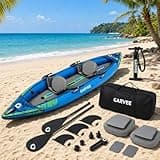 Inflatable Kayak, Heavy Duty Tandem Kayak for Adults and Kids, Portable Summer Fishing & Touring Kayak Set with Paddles, Adjustable Seats, Pump & Carry Bag, 2 Person Recreational Kayaks for Beginners