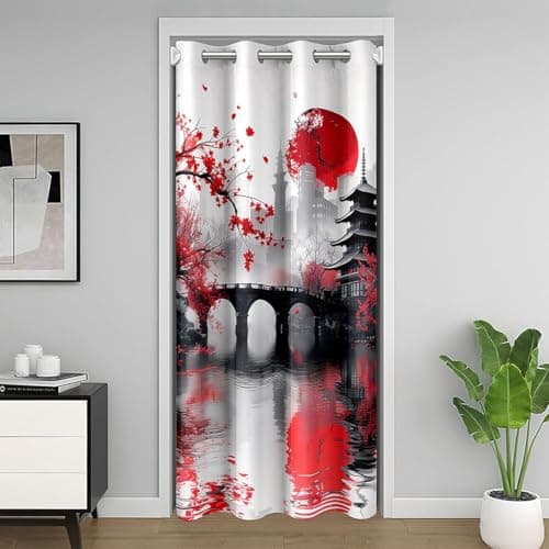 Homewish Japanese Style Door Curtain,Red Cherry Blossom Doorway Curtains,Kids Teens Woman Adult Landscape Painting Privacy Curtain Vintage Black Ink Bedroom Closet Decor 1 Panel,52" Wx84 L
