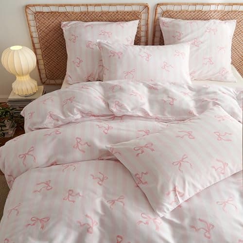 Bildenly Bow Duvet Cover Queen Size Pink Striped Bowknot Bedding Set Kids Girls Cute Bows Vertical Stripes Soft Breathable Microfiber Comforter Cover Set with Zipper Closure and 2 Pillowcases