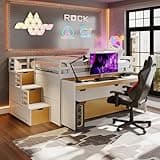 All-in-One Multi-Functional Full XL Loft Bed with Pull-Out Desk, Twin Trundle, 2 Storage Drawers & Storage Steps, No Box Spring Needed, Space-Saving Bedroom Furniture for Teens Adults (White+Wood)