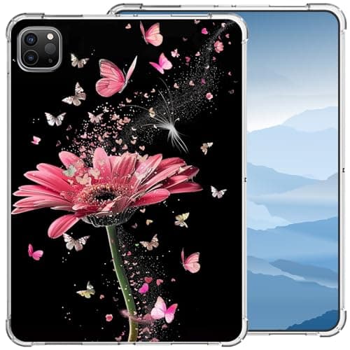 Clear Case for iPad Pro 11 inch (4th,3rd,2nd &1st Gen) 2022/2021/2020/2018,Slim Soft Lightweight Transparent TPU Back Cover for iPad Pro 11”2022-Pink Flowers and Butterflies