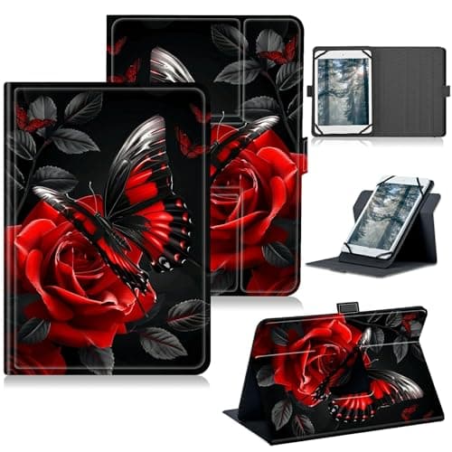 RWUTYTIUL for Universal Tablet Case 7" 7.9" 8.0" 8.3" 8.4" 8.7" 9" Android, 360 Degree Rotating Kickstand Protective Stand Case with Multiple Viewing PU Leather Shell Case, Red Rose Butterfly