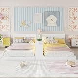 KEIKI Double Twin Size Wooden Floor Bed Frame with Storage Shelves & USB, for 2, Detachable 2 in 1 Low Profile Floor Design Bed with Slats, No Box Spring Required, Easy Assembly, for Bedroom, White