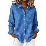 Gingham Shirts for Women Button Down Roll Tab Long Sleeve Collared Blouses Trendy Casual Office Curved Hem Fall Top Navy