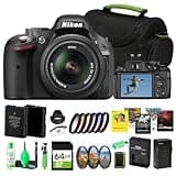 Nikon D5200 DSLR Camera with 18–55mm II Lens, 39-Point AF, Vari-Angle LCD, Full HD 1080p Video + 52mm Filter Kit + Photo Software + 64GB Card + Replacement EN-EL14 Battery + More (18pc Bundle)