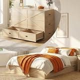 CECER Murphy Bed Queen with Mattress Include,Murphy Bed Queen with Storage Drawers,Multi-Functional Desgin that Converts to Sofa Set for Small Spaces/Guest Room/Bedroom-Natural Wood