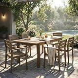 Hassyee 7 Pieces Acacia Wood Outdoor Dining Sets with Spacious Dining Table for Poolside, Lawn, Patio Furniture Set with 6 Chairs and Weather-Resistant Wood Frame for Garden, Balcony (Grey)