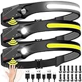 Headlamp Rechargeable 3PCS, 230° Wide Beam Head Lamp LED with Motion Sensor for Adults - Camping Accessories Gear, Waterproof Head Light Flashlight for Hiking, Running, Repairing, Fishing, Cycling