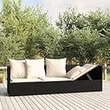 Gecheer Outdoor Lounge Bed with Cushions, Black Poly Rattan Patio Furniture with Adjustable Backrest, Steel Frame for Garden, Poolside Relaxation