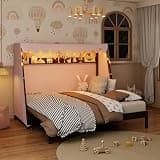HABITRIO Twin XL Bed with Trundle, Shelf, Tent & Light, Space-Saving for Small Bedroom & Playroom, Espresso