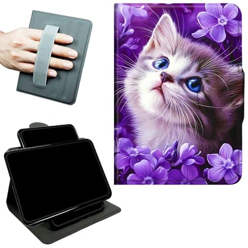 RWUTYTIUL Rotating Handle Case for iPad Pro 13 Inch M5 2025/M4 2024, 360 Degree Swivel Kickstand with Magnetic Closure, Shockproof Leather Protective Cover for Women Men, Purple Cat Flower