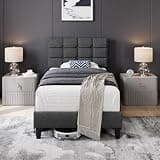 Topeakmart Twin Bed Frame with Adjustable Upholstered Headboard, Dark Grey Modern Platform Bed, Wood Slat Support, No Box Spring Needed, Square Stitched Button Tufting Design