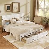QVUUOU King Size Bed with Tall-Panel Headboard & Footboard, 2 Storage Drawers, Built-in LED Lights, USB Charging Station - Solid Pine Wood Frame, White