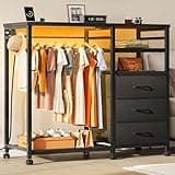 WLIVE Black Dresser with Hanging Rack for Bedroom, 3 Drawer Dresser with LED Lights & Charging Station, Fabric Dressers & Chest of Drawers, Storage Organizer with Open Shelves for Living Room