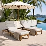 Acacia Wood Outdoor Sun Lounge Chair, Patio Outdoor Chaise Lounge with Cushions, Sun Lounger with Adjustable Backrest and Head Pillow for Poolside, Backyard, Garden, Indoor&Outdoor (Beige(Set of 2))