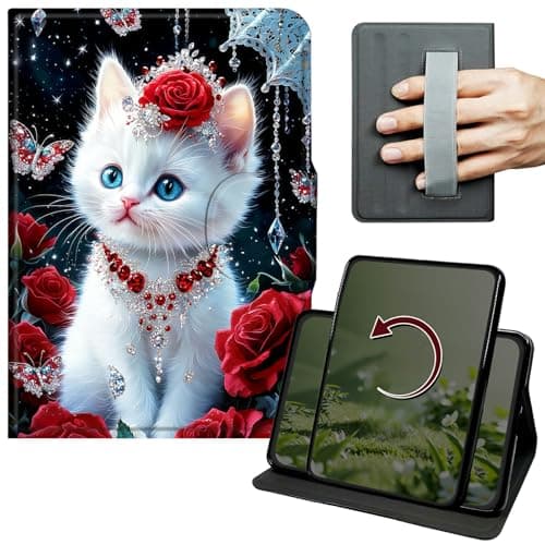 Dikoer Case for Amazon Fire HD 10/10 Plus(13th/11th Generation, 2023/2021 Release), 360 Degree Rotation Lightweight PU Leather Stand Cover with Hand Strap for Women Men, Red Rose Cat