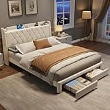 Garvee Queen Bed Frame with Storage, Velvet Upholstered Platform Bed Frame with Crystal Tufted Headboard, Charging Station, 2 Drawers, No Box Spring Needed, Noise-Free,for Bedroom, Ivory