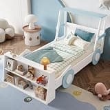 Zifone Twin Size Car Bed Frame with Shelves, Platform Bed, Blue and White, Car Shape Design