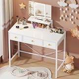 HIGDBFE Small Makeup Vanity Desk 35''W with Mirror and Lights, Vanity Desk with 3 Fabric Drawers and Height Adjustable Stand, Vanity Table for Girls Gifts, Bedroom and Small Spaces, White