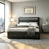 Queen Size Upholstered Bed Frame with LED Light and 4 Storage Drawers for Bedroom, PU Platform Bed with Adjustable Headboard and Charging Station for Living Room, No Box Spring Needed, Black
