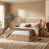 KEIKI Queen Bed Frame with 44" Fluted Headboard, Natural Oak Wood Platform Bed Frame with Curved Footboard, Modern Minimalist with Solid Wooden Slat Support, No Box Spring Needed, Noise Free