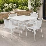 Afuera Living 5-Piece Square Steel Patio Dining Set, 36 in Table with Umbrella Hole, White Powder Coat Finish, 4 Stacking Chairs, All-Weather Outdoor Furniture for Patios, Cafes, Restaurants, or