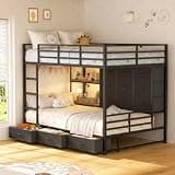 Bunk Bed Full Over Twin with 12 Drawers & Open Shelves, Heavy Duty Metal Bed Frame with Charging Station & LED Lights, Space-Saving Bed Frame with Storage, No Box Spring Needed, for Living Room, Black