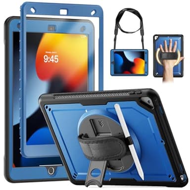 KAIJIAbox Case for iPad 9th/ 8th/ 7th Generation 10.2 Inch, Full-Body Shockproof Case with Screen Protector, 360° Rotating Hand Strap & Stand, Shoulder Strap for iPad 10.2" 2021/2010/2019, Navy Blue