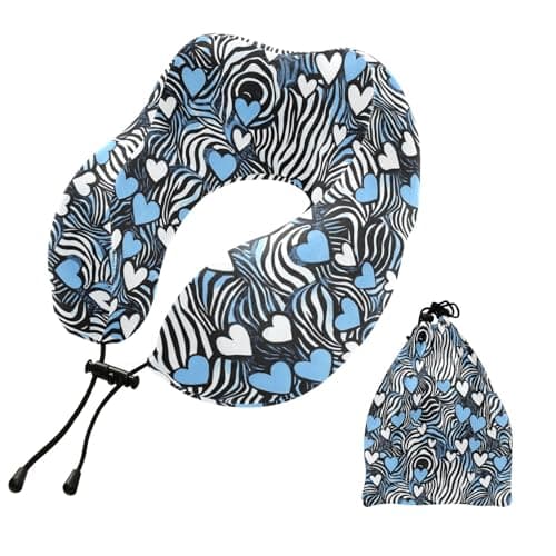 ALAZA Blue White Hearts Zebra Stripes Travel Neck Pillow Memory Foam Neck Pillow with Storage Bag,Soft Travel Pillow for Sleeping Travel Airplane Car Office Home