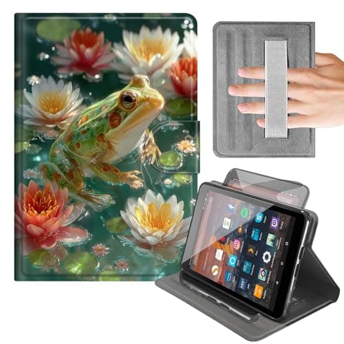Rotating Case for Fire HD 8 Tablet (6th/7th/8th Gen,2016-2018 Release,8" Screen),Rotating Cover with Built-in Hand Strap,Horizontal & Vertical Stand,Auto Wake/Sleep,Lotus Pond Frog Design