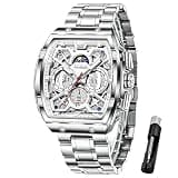 OLEVS Silver Mens Watches Luxury Analog Waterproof Stainless Steel Watches for Men Chronograph Moon Phase Large Face Classic Date Rectangle Fancy Cool Mens Wrist Watch Reloj para Hombre