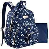 Baby Essentials Diaper Bag Backpack for Newborns, Infants, Toddlers (Matching Changing Pad, Pacifier Pouch, Insulated Bottle Pockets, Stroller Straps) Navy Blue Floral