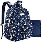Baby Essentials Diaper Bag Backpack for Newborns, Infants, Toddlers (Matching Changing Pad, Pacifier Pouch, Insulated Bottle Pockets, Stroller Straps) Navy Blue Floral
