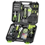 Cordless Drill Tool Set: 12V Power Drill Tool Kit with Battery & Charger, Portable Household Basic Drills Case for Men & Women, Homeowner, Diyer, Handyman, 142 Piece, Green