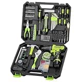 Cordless Drill Tool Set: 12V Power Drill Tool Kit with Battery & Charger, Portable Household Basic Drills Case for Men & Women, Homeowner, Diyer, Handyman, 142 Piece, Green