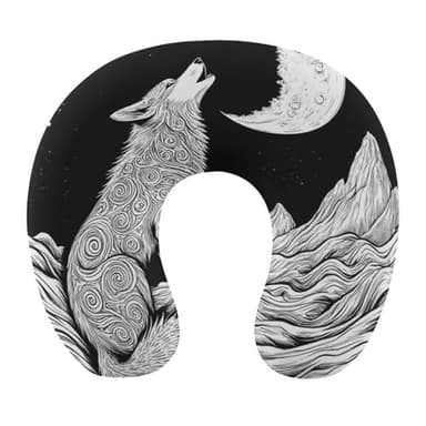 100% BLUE COLLAR Lightweight Portable Headrest U Shaped Neck Pillow Soft Washable Cover Flight Pillow for Sleeping (Wolf Howling Moon)