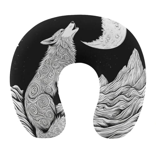 100% BLUE COLLAR Lightweight Portable Headrest U Shaped Neck Pillow Soft Washable Cover Flight Pillow for Sleeping (Wolf Howling Moon)