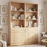 Cyclysio 80" Bookshelf with 3 Drawers, Tall Bookcase with Thickened Top Panel and 3-Tier Open Shelves, Tall Storage Cabinet for Home Office, Living Room, Natural, Set of 2