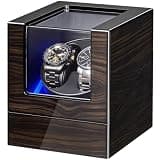 ANWBROAD Watch Winder for Automatic Watches,Double Automatic Watch Winder Box with Quiet Motor,LED Light,4 Rotation Modes,Ebony Colored Piano Finish 2 Watch Spinner,Type-C or Battery Powered UJWW001E