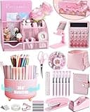 LXEVIHK 21Pcs Pink Desk Organizers and Accessories With Mesh Desk Organizer and 360°Rotating Pen Holder and a Lot of Office Pink Office Supplies Beautifully Presented in a Gift Box