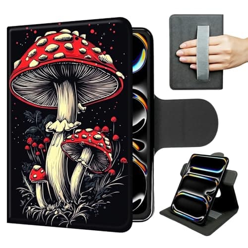 PU Leather Case for iPad Pro 12.9 Inch 6th/5th/4th Gen(2022/2021/2020 – Slim 360° Rotating Stand with Hand Strap, Auto Sleep/Wake, Magnetic Closure,Vintage Red Mushrooms