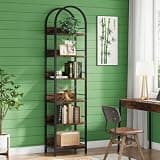 LOVEZOE 6 Tier Arched Corner Bookshelf, 78.7 Inch Tall Narrow Bookcase for Home Office, E1 Particle Board and Metal Frame, Wood Grain