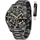 OLEVS Black Watches for Men Chronograph Luxury Dress Moon Phase Big Stainless Steel Waterproof Luminous Business Calendar Wrist Watch