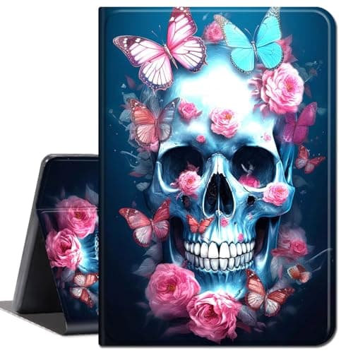 Case for Amazon Fire HD 10 Tablet 10.1" (Compatible with 7th and 9th Generations, 2017 and 2019 Releases),Slim Lightweight Smart Shell Stand Cover with Auto Wake/Sleep,Skull Butterfliy Flowers