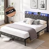 Kartivo Full Upholstered Bed Frame with Storage Headboard, LED Lights and Charging Station, Heavy Duty Metal Slats, No Box Spring Needed, Dark Gray